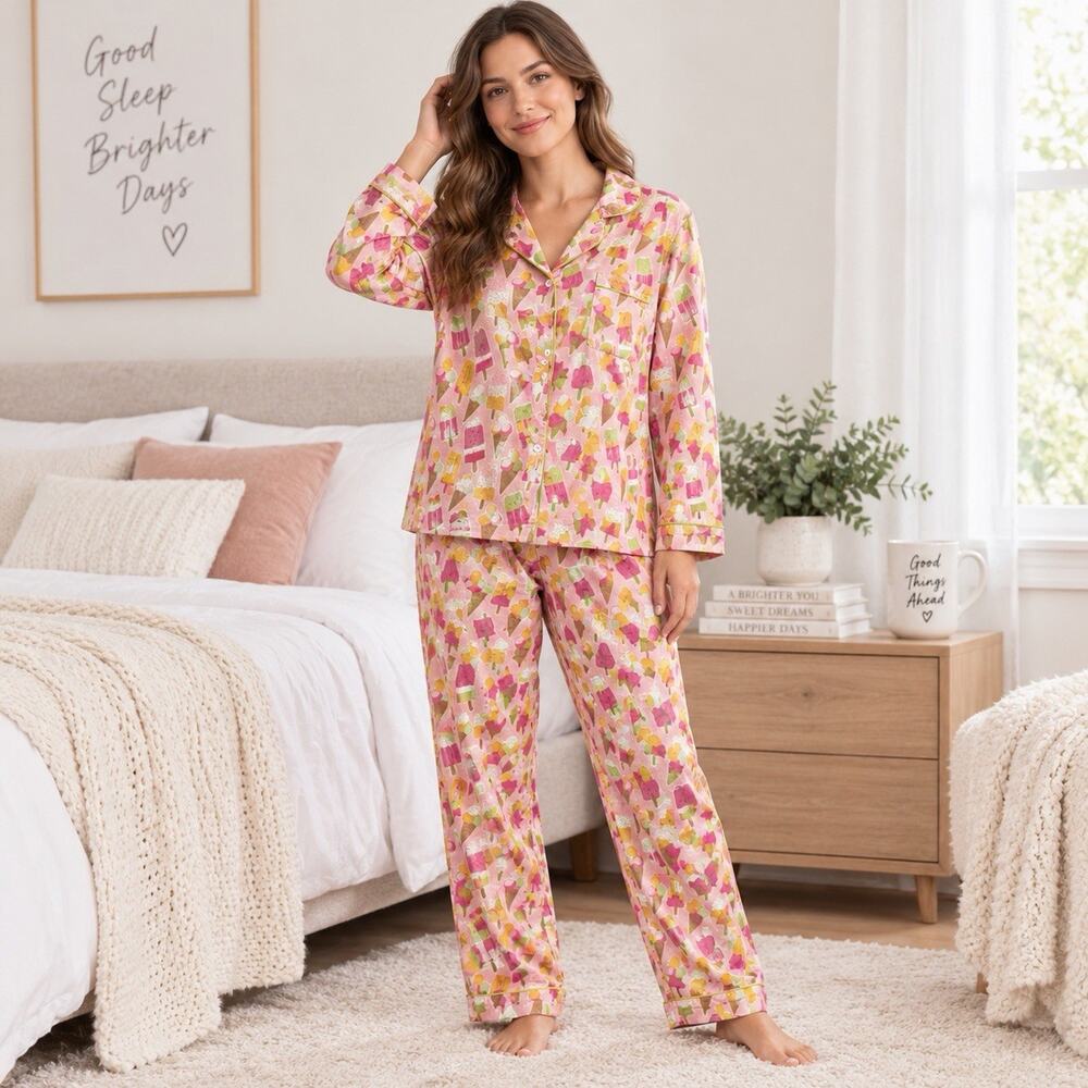 Mahogany Pink Ice Cream Print Pajama Set Women’s Large 100% Cotton Cute Lounge